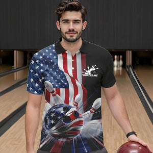 Custom US Flag Bowling League Shirts, Patriotic Bowling Team Polo Shirts For Men IPHW8384