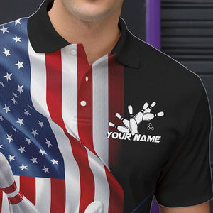 Custom US Flag Bowling League Shirts, Patriotic Bowling Team Polo Shirts For Men IPHW8384