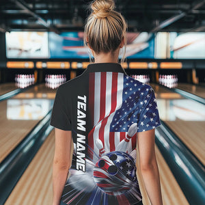 Custom US Flag Bowling League Shirts, Patriotic Bowling Team Polo Shirts For Women IPHW8384