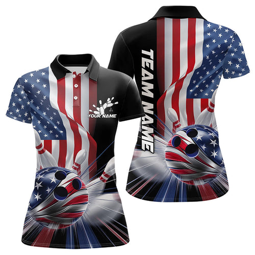 Custom US Flag Bowling League Shirts, Patriotic Bowling Team Polo Shirts For Women IPHW8384