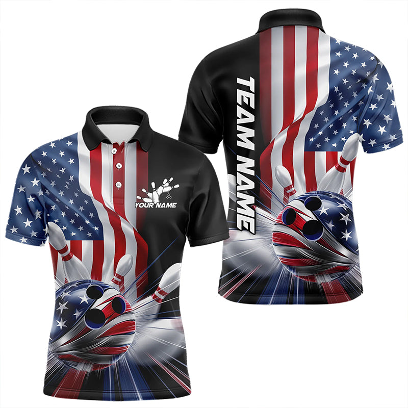 Custom US Flag Bowling League Shirts, Patriotic Bowling Team Polo Shirts For Men IPHW8384