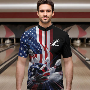 Custom US Flag Bowling League Shirts, Patriotic Bowling Team Quarter-Zip Shirts For Men IPHW8384