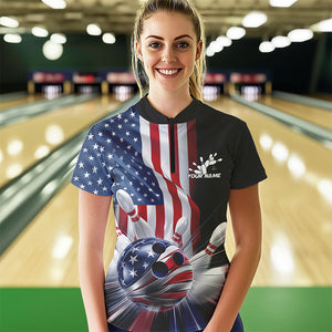 Custom US Flag Bowling League Shirts, Patriotic Bowling Team Quarter-Zip Shirts For Women IPHW8384