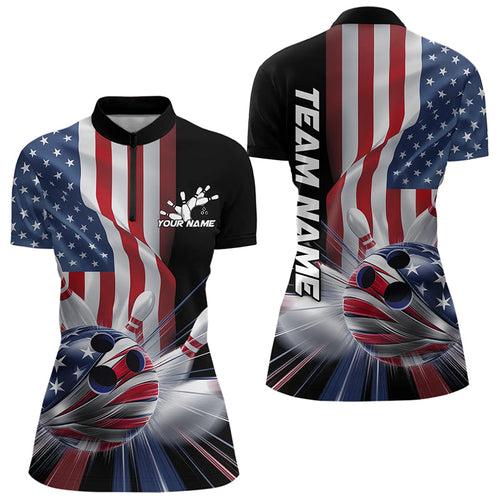 Custom US Flag Bowling League Shirts, Patriotic Bowling Team Quarter-Zip Shirts For Women IPHW8384