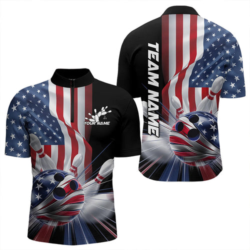 Custom US Flag Bowling League Shirts, Patriotic Bowling Team Quarter-Zip Shirts For Men IPHW8384