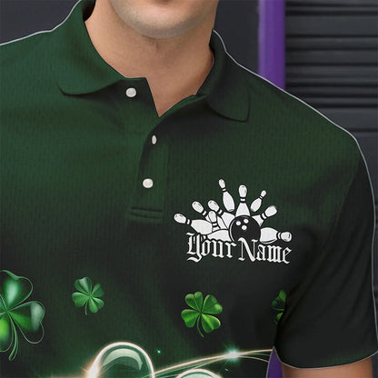 Custom Green Shamprock Saint Patricks Bowling Polo Shirts For Men, Lucky Bowling Team Shirt IPHW8572