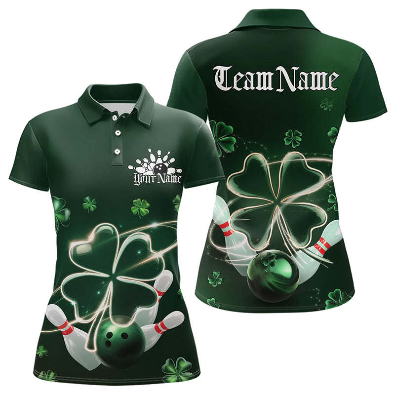 Custom Green Shamprock Saint Patricks Bowling Womens Polo Shirts, Lucky Bowling Team Shirt IPHW8572