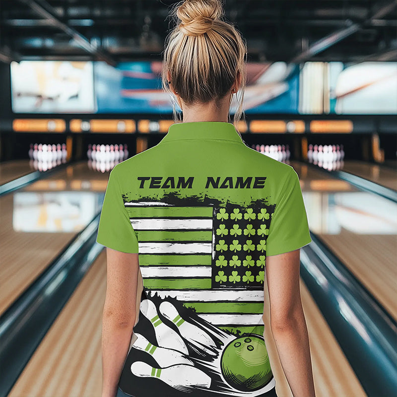 Custom Saint Patricks Bowling Polo Shirts For Women, Shamrock Flag US Bowling Team Shirt IPHW8576