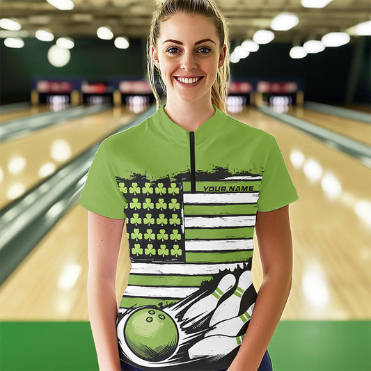 Custom Saint Patricks Bowling Womens Quarter-Zip Shirt, Shamrock Flag US Bowling Team Shirt IPHW8576