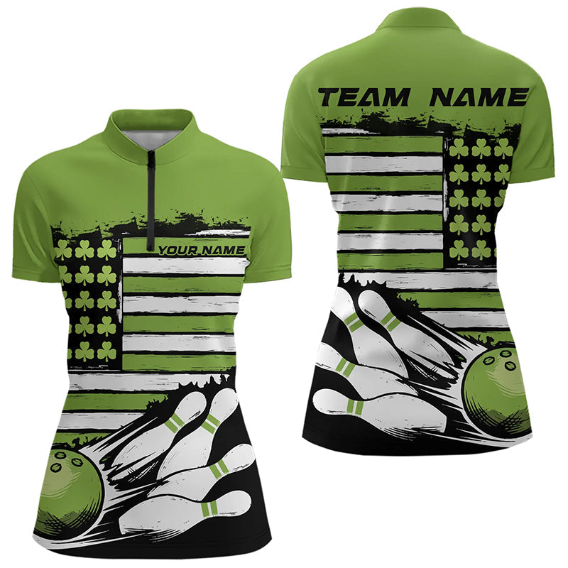 Custom Saint Patricks Bowling Womens Quarter-Zip Shirt, Shamrock Flag US Bowling Team Shirt IPHW8576
