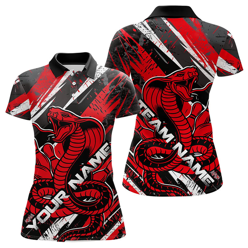 Custom Black And Red Cobra Snake Bowling Jerseys, Bowling Team Polo Shirts For Women IPHW8580