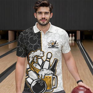 Custom Funny Bowling And Beer Team Bowling Polo Shirts For Men, Bowling Pattern Shirt IPHW8891