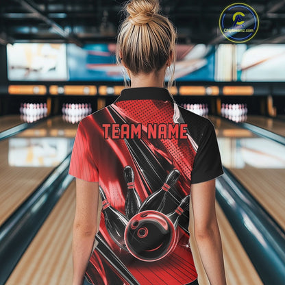 Back view of a female model in a black and red bowling polo shirt displaying fast-paced bowling strike artwork.