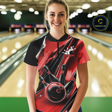 Load image into Gallery viewer, Custom Black And Red Bowling Jerseys For Women, Bowling Team Quarter-Zip Shirt With Name IPHW10965