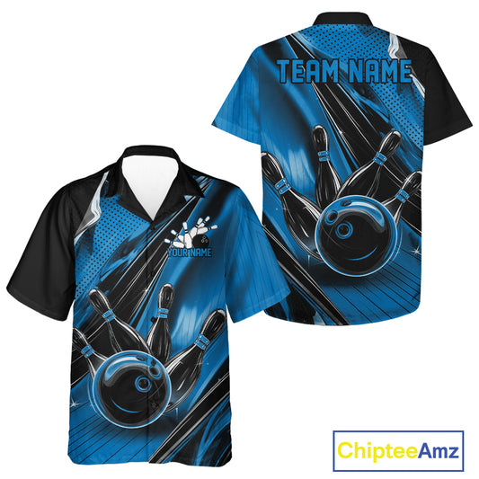Front and back views of a black and blue button-up bowling shirt displaying a bowling ball hitting the pins with energetic motion streak effects.