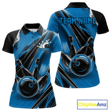 Load image into Gallery viewer, Custom Black And Blue Bowling Jerseys For Women, Bowling Team Polo Shirts With Name IPHW10966