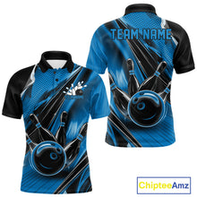 Load image into Gallery viewer, Front and back views of a black and blue mens bowling polo shirt showcasing a bowling ball striking pins with energetic speed streak graphics.