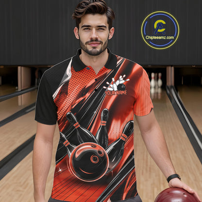 Male model wearing a black and orange bowling polo shirt at the lane with dynamic bowling strike artwork.