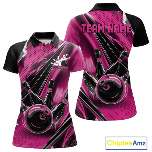 Front and back views of a black and pink womens bowling polo shirt featuring a bowling ball striking pins with dynamic speed streaks.