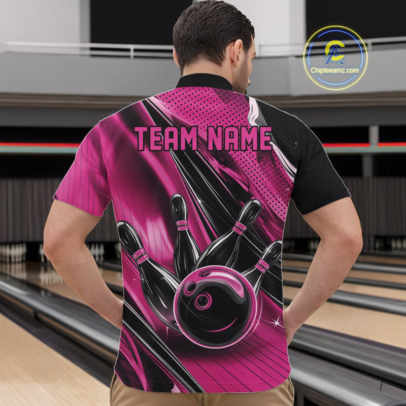 Front view of a male model in a black and pink bowling quarter-zip shirt displaying motion streak bowling artwork.