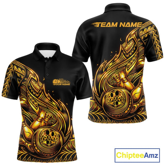 Front and back views of a black and gold mens bowling polo shirt featuring bowling graphics with flowing tribal flames and Polynesian styling.