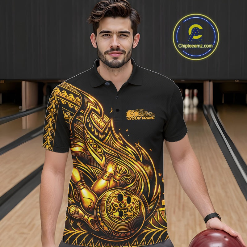 Male model wearing a black and gold bowling polo shirt at the lane with tribal-inspired bowling artwork.