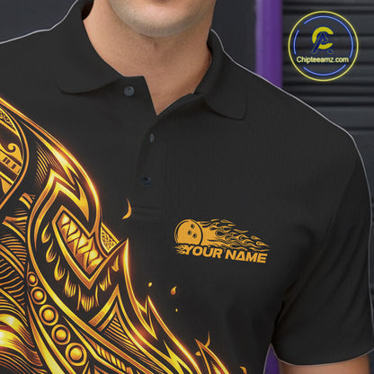 Close-up of the left chest on a black and gold bowling polo shirt featuring Polynesian-style bowling artwork with tribal flames.