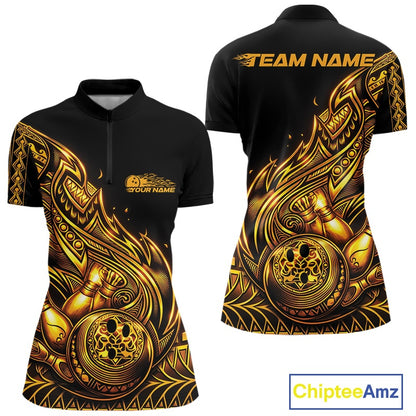 Front and back views of a black and gold womens bowling quarter-zip shirt decorated with bowling pins, a ball, and flowing tribal flame patterns.