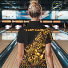 Load image into Gallery viewer, Custom Black And Gold Tribal Flame Bowling Women Shirts, Polynesian Bowler Outfit IPHW10973