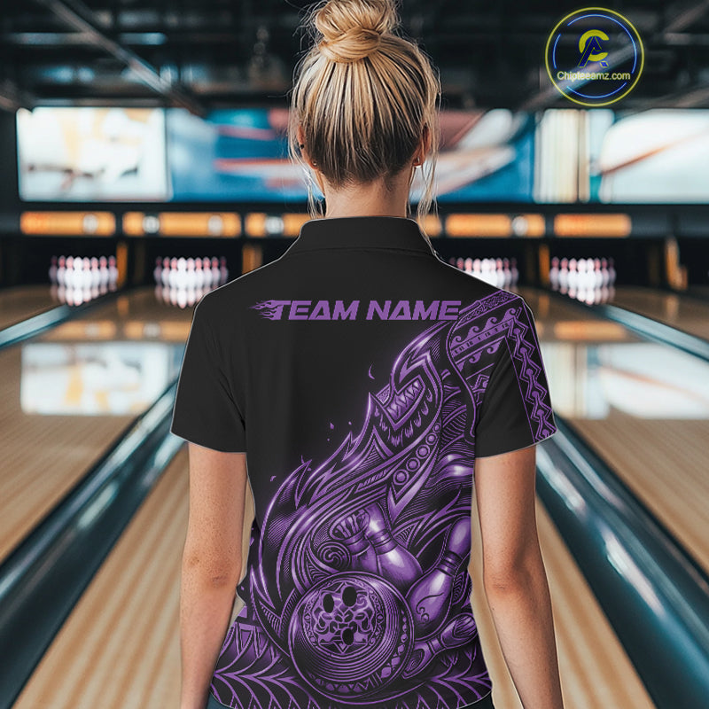 Back view of a female model in a black and purple bowling polo shirt displaying tribal flame bowling artwork.