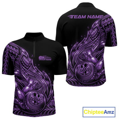 Front and back views of a black and purple mens bowling quarter-zip shirt featuring bowling ball and pin artwork with flowing Polynesian tribal flames.