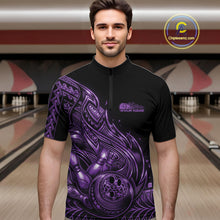 Load image into Gallery viewer, Custom Black And Purple Tribal Flame Bowling Men Quarter-Zip Shirts, Polynesian Bowler Outfit IPHW10974