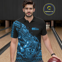 Load image into Gallery viewer, Custom Black And Blue Tribal Flame Bowling Men Polo Shirts, Polynesian Bowler Outfit IPHW10975
