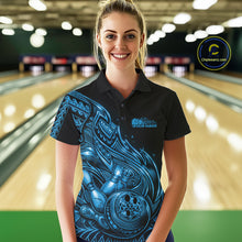 Load image into Gallery viewer, Custom Black And Blue Tribal Flame Bowling Women Polo Shirts, Polynesian Bowler Outfit IPHW10975