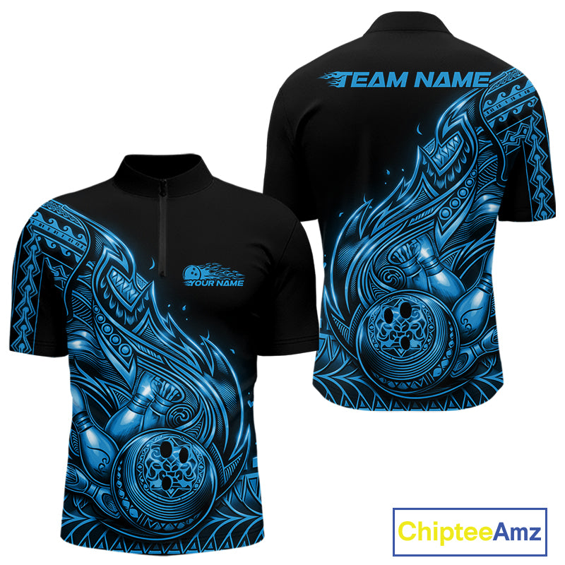 Front and back views of a black and blue mens bowling quarter-zip shirt with bowling pins and a ball framed by flowing tribal flames.