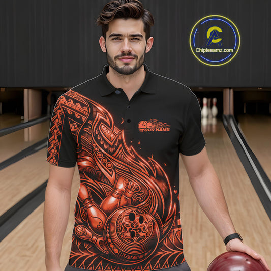 Male model wearing a black and orange bowling polo shirt at the bowling lane with tribal flame bowling artwork.