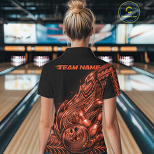 Load image into Gallery viewer, Back view of a female model in a black and orange bowling polo shirt showcasing flowing tribal bowling artwork.