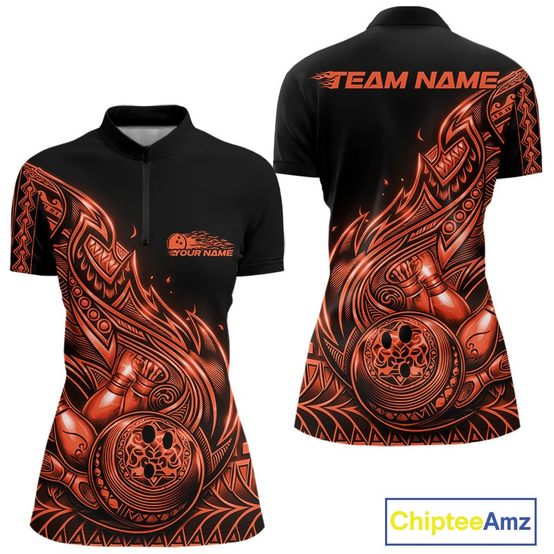 Front and back views of a black and orange womens bowling quarter-zip shirt featuring bowling ball and pin artwork with flowing tribal flame accents.