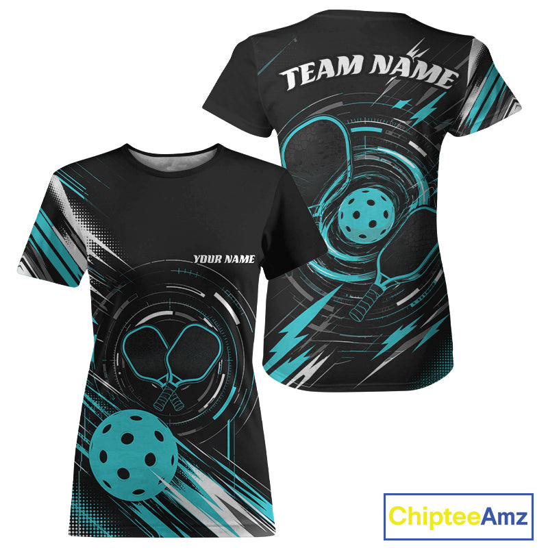 Custom Back And Turquoise Blue Pickleball Team Women T-Shirts, Pickleballer Jersey IPHW11900