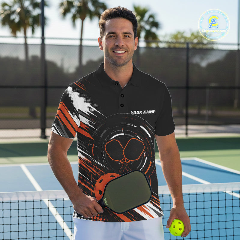 Custom Back And Orange Pickleball Team Men Polo Shirt, Pickleballer Jersey IPHW11901