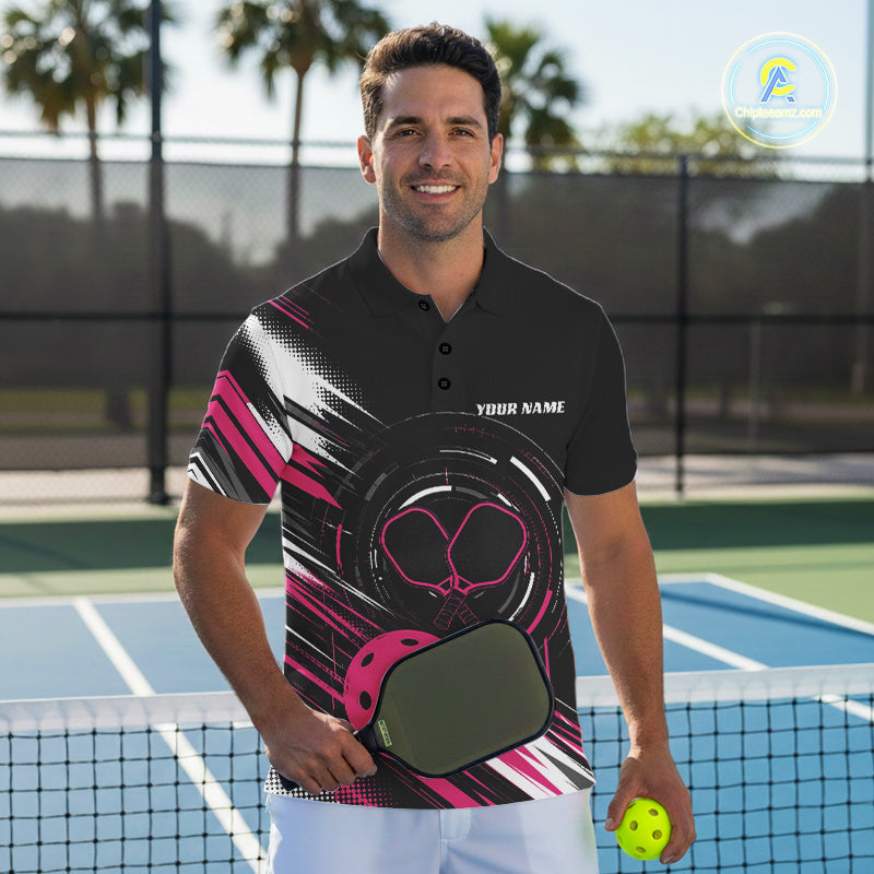 Custom Back And Pink Pickleball Team Men Polo Shirt, Pickleballer Jersey IPHW11902