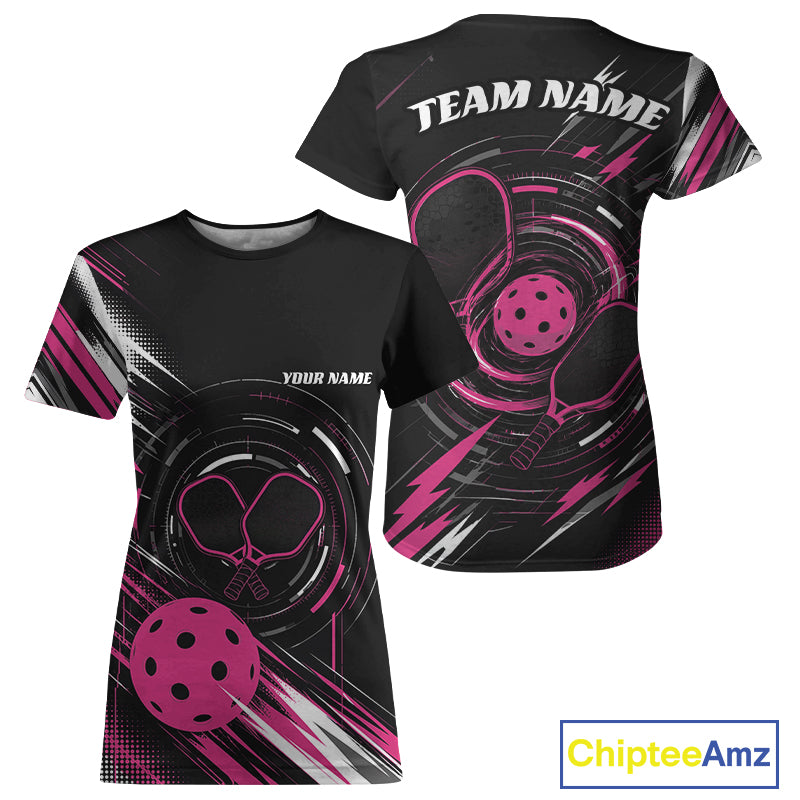 Custom Back And Pink Pickleball Team Women T-Shirts, Pickleballer Jersey IPHW11902