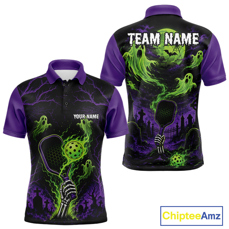 Custom Green And Purple Halloween Ghost Pickleball Team Men Polo Shirt IPHW11903