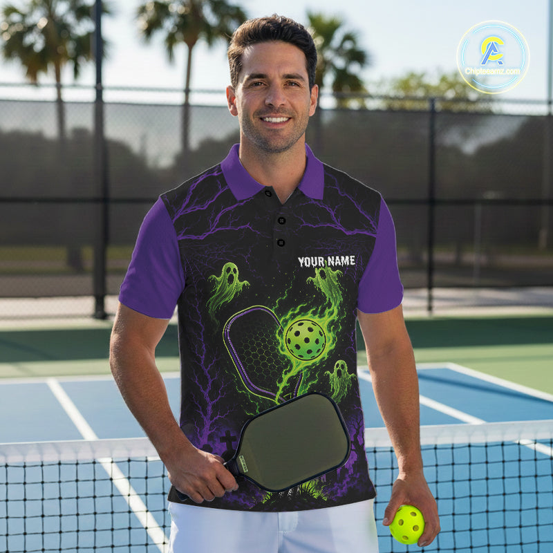 Custom Green And Purple Halloween Ghost Pickleball Team Men Polo Shirt IPHW11903