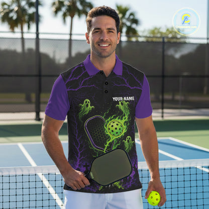 Custom Green And Purple Halloween Ghost Pickleball Team Men Polo Shirt IPHW11903