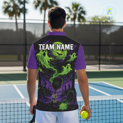 Custom Green And Purple Halloween Ghost Pickleball Team Men Polo Shirt IPHW11903