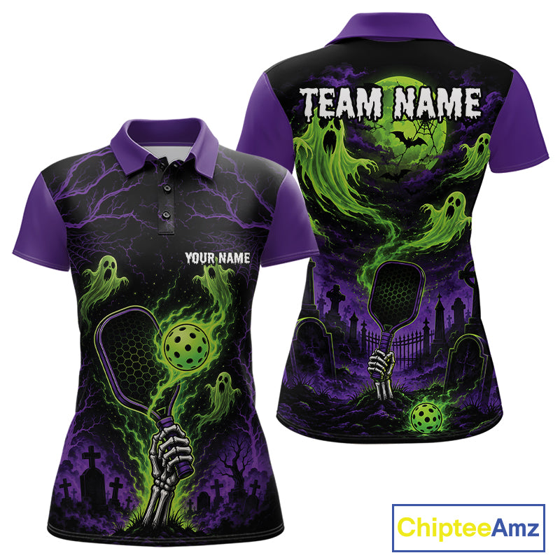 Custom Green And Purple Halloween Ghost Pickleball Team Women Polo Shirt IPHW11903