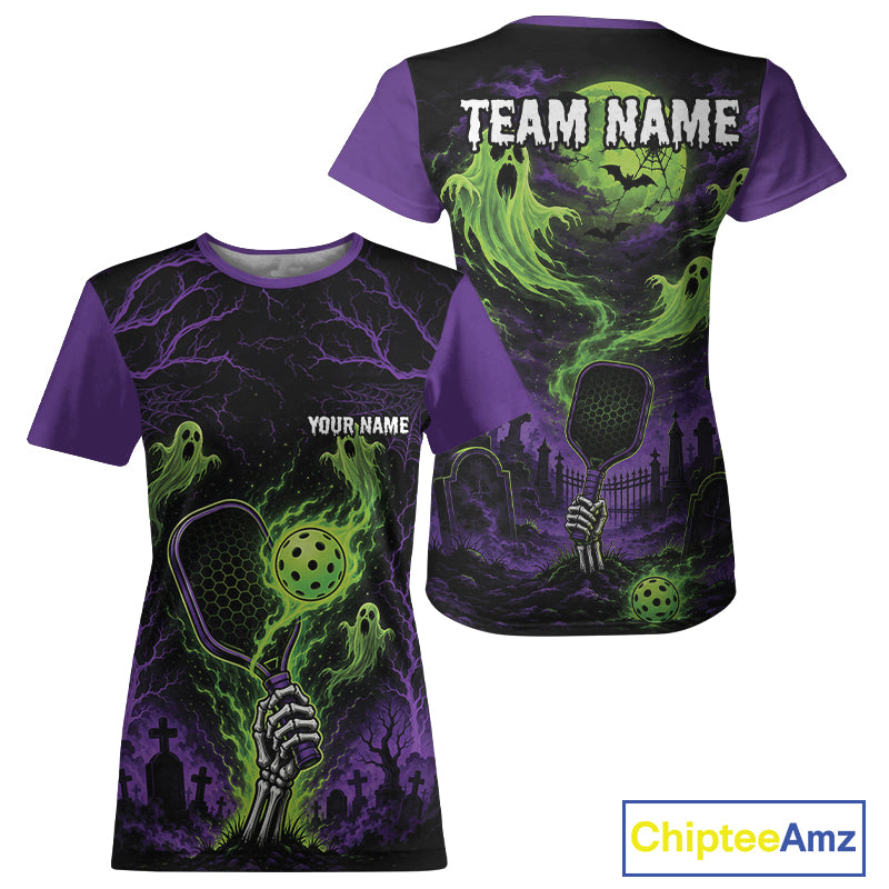 Custom Green And Purple Halloween Ghost Pickleball Team Women T-Shirts IPHW11903