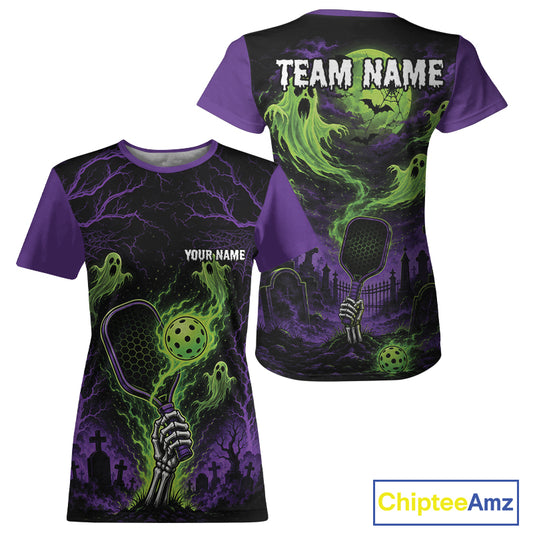 Custom Green And Purple Halloween Ghost Pickleball Team Women T-Shirts IPHW11903