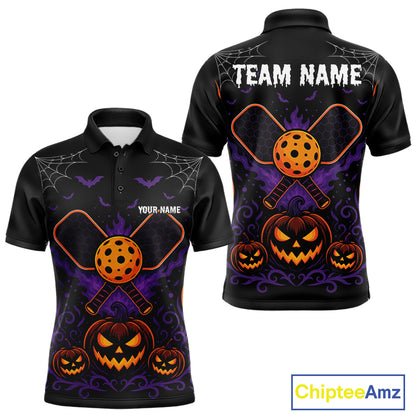 Custom Black And Orange Halloween Pumpkins Pickleball Team Men Polo Shirt IPHW11904